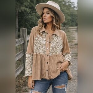 POL Boho Corduroy Lace Crochet Raw Hem Button Down Shirt Pearl Detail Size Sm.